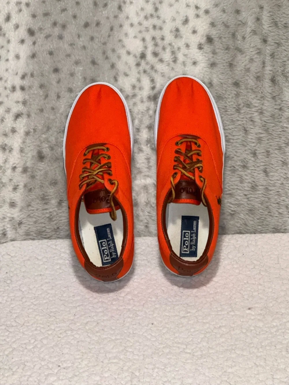 Polo by Ralph Lauren Vaughn Orange Canvas Sneakers with Brown Trim Men Sz 10.5D
